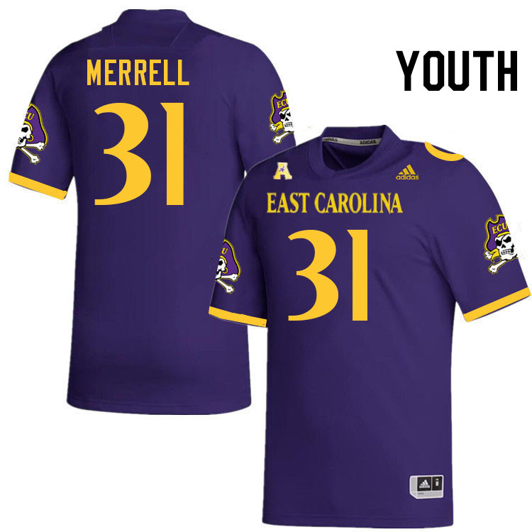 Youth #31 Kevon Merrell ECU Pirates College Football Jerseys Stitched-Purple